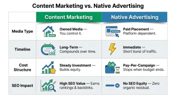 Content marketing versus native advertising side-by-side strategy comparison across four key dimensions
