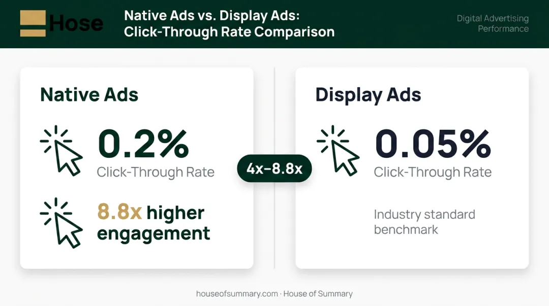Native advertising versus display advertising CTR performance comparison infographic
