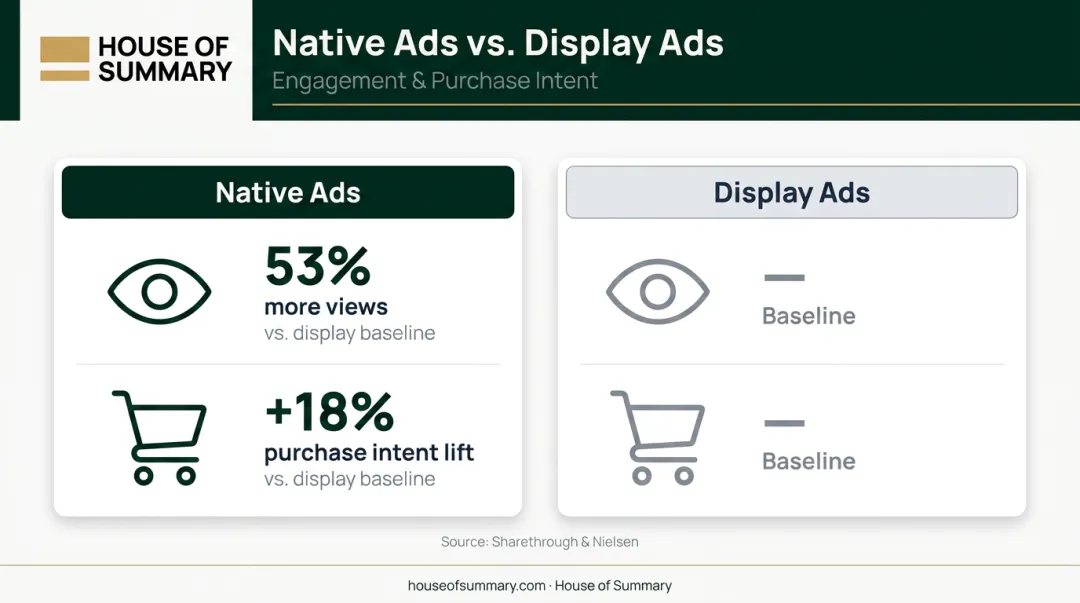 Native ads versus display ads engagement and purchase intent comparison infographic