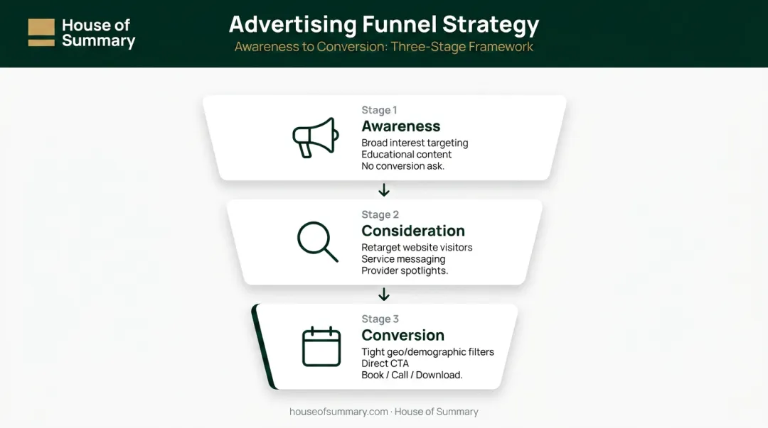 Three-stage healthcare paid social advertising funnel from awareness to conversion