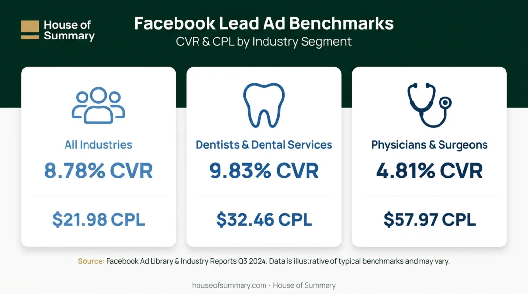 Healthcare Facebook lead ad CVR and cost per lead benchmark comparison chart