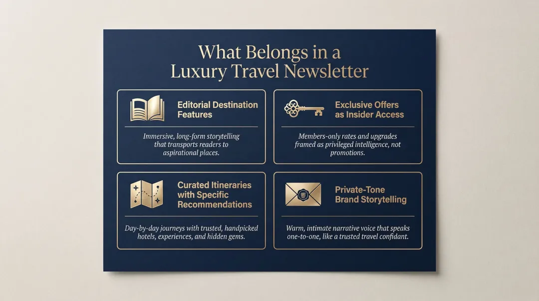 Luxury travel email newsletter content strategy four-element breakdown infographic
