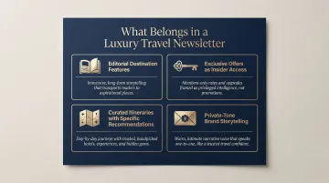 Luxury travel email newsletter content strategy four-element breakdown infographic