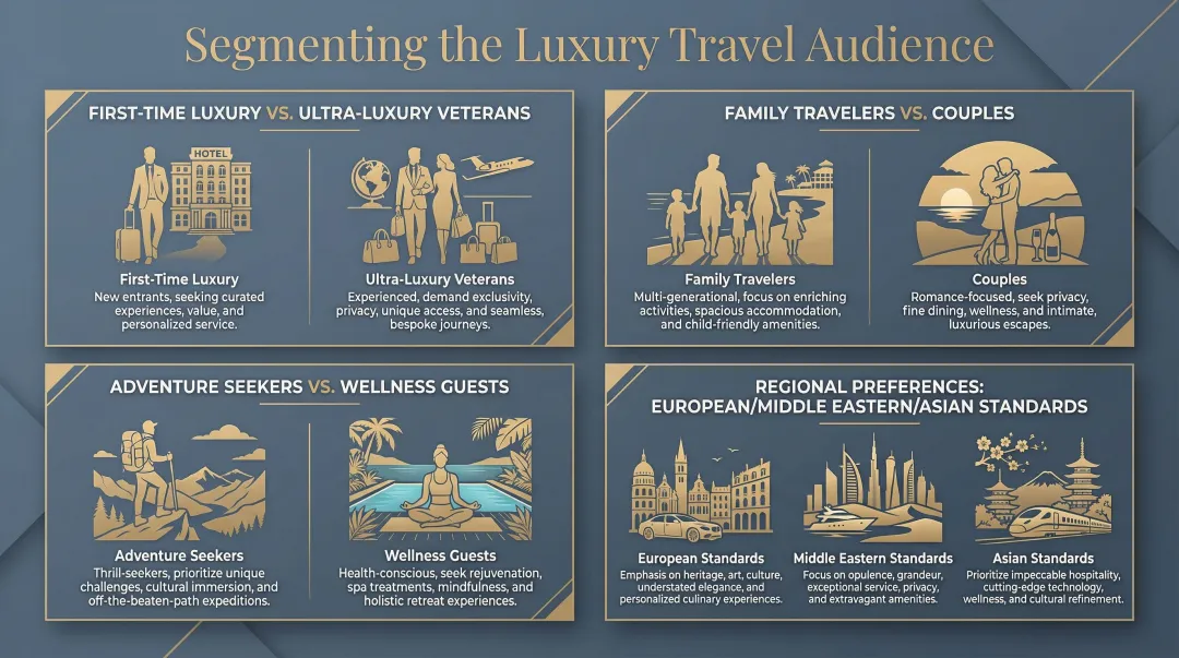 Luxury travel audience segmentation framework showing four distinct traveler profile tracks
