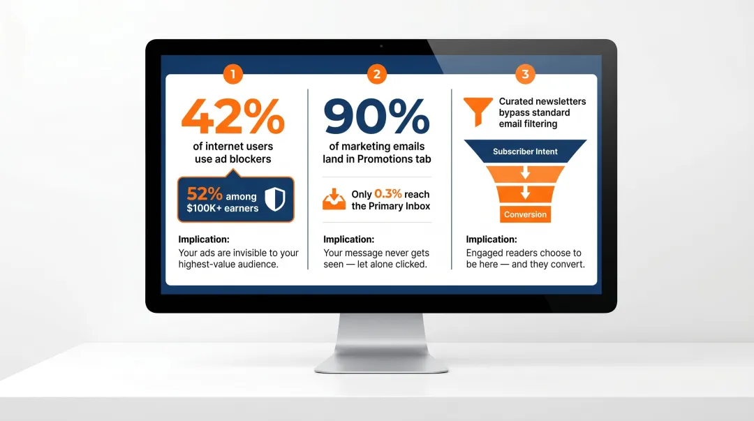 Executive newsletter inbox advantage statistics versus display ad blocking rates infographic