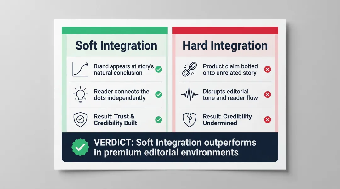 Soft versus hard brand integration comparison table for executive newsletter sponsored content
