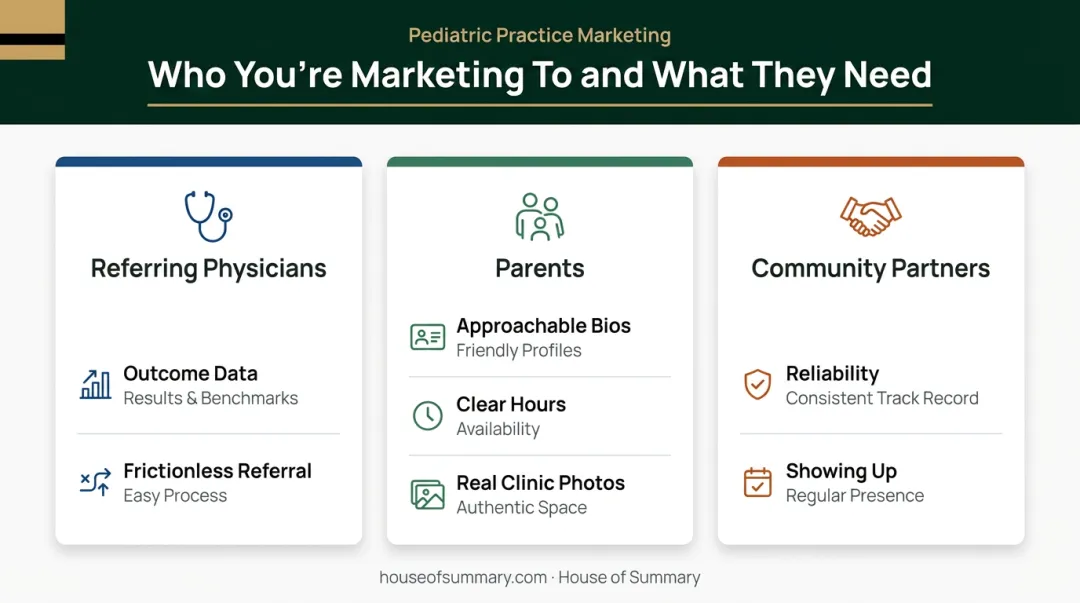 Pediatric practice three-audience marketing trust signals comparison infographic