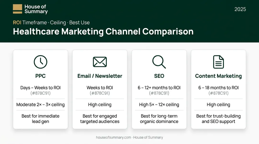 Four healthcare marketing channel ROI comparison time-to-results and ceiling chart