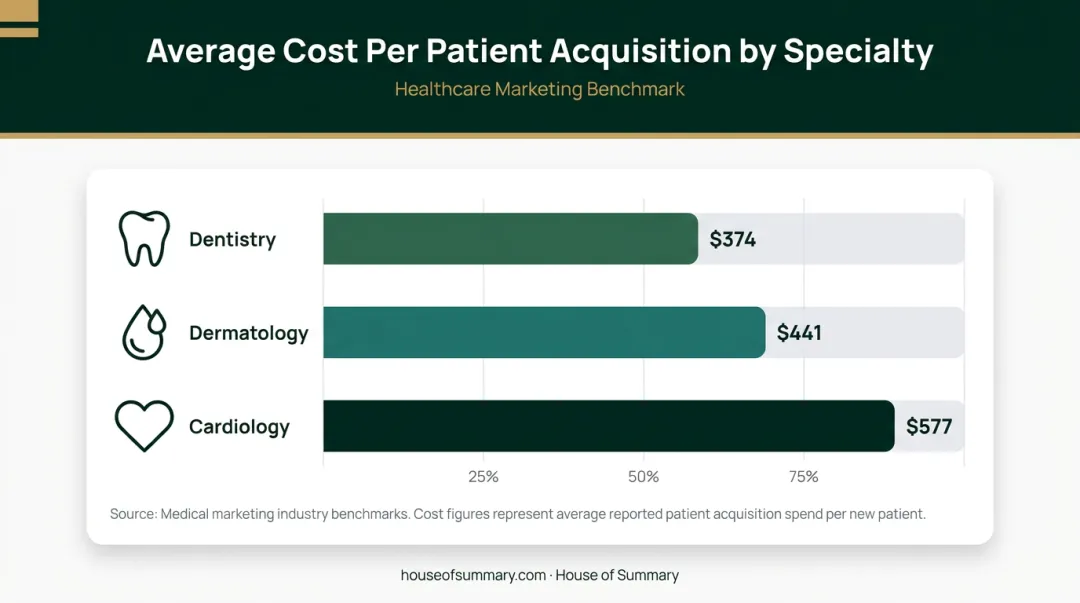 Healthcare patient acquisition cost benchmarks by specialty dentistry dermatology cardiology