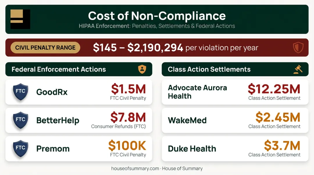 HIPAA healthcare advertising enforcement penalties and class action settlements comparison infographic
