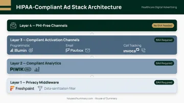 Four-layer HIPAA-compliant healthcare advertising technology stack architecture diagram