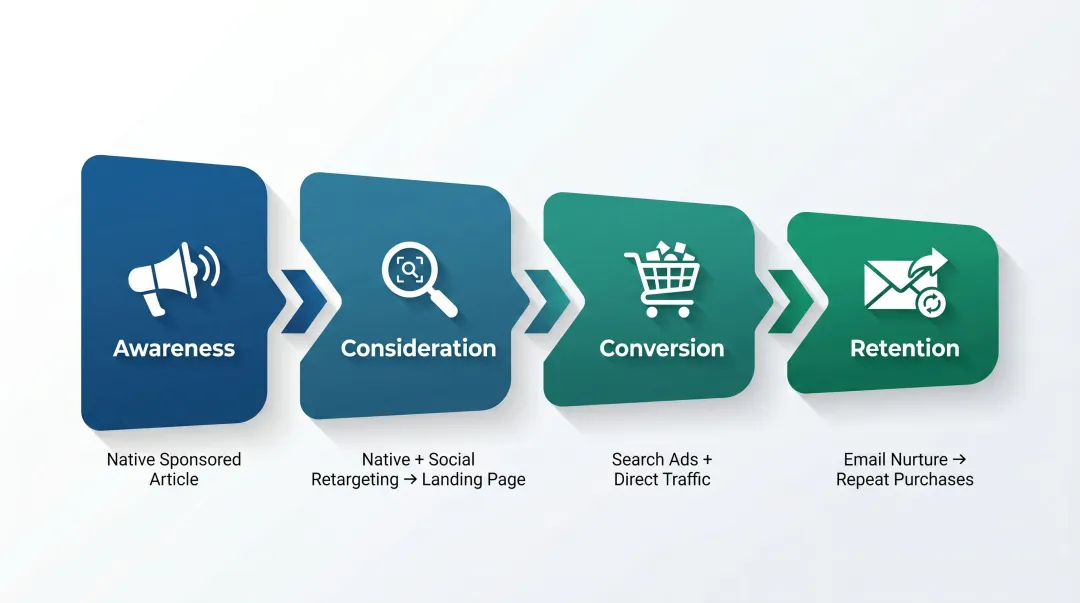 Four-stage D2C customer journey integrating native advertising from awareness to retention