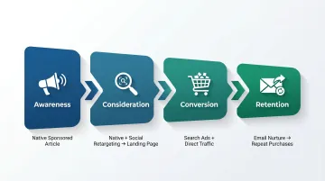 Four-stage D2C customer journey integrating native advertising from awareness to retention