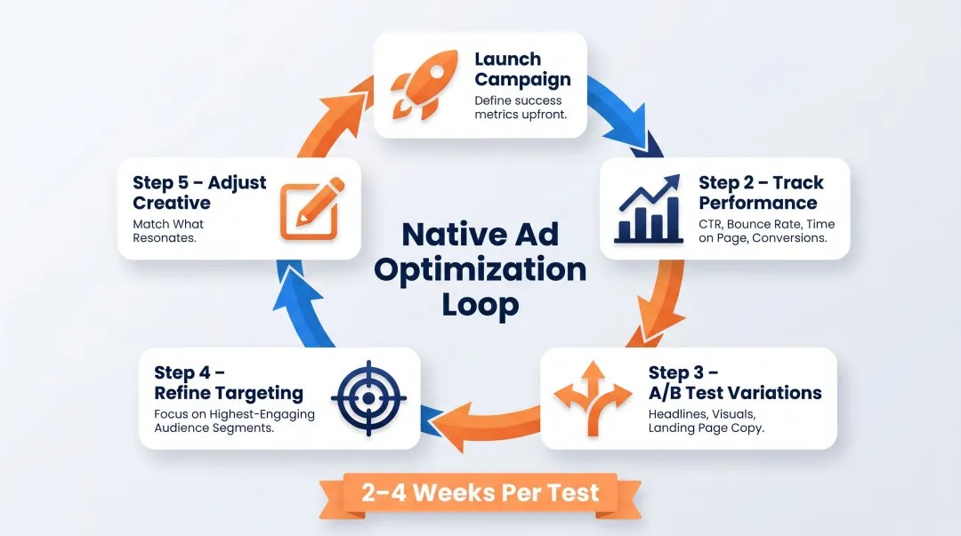 Five-step native ad campaign optimization loop from launch to creative refinement