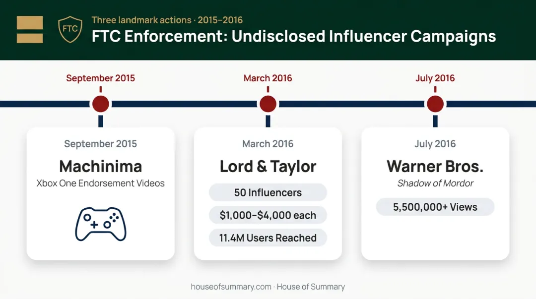 FTC enforcement actions Lord Taylor Machinima Warner Bros undisclosed influencer campaigns timeline