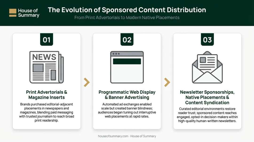 Three-phase evolution of sponsored content distribution from print to digital infographic