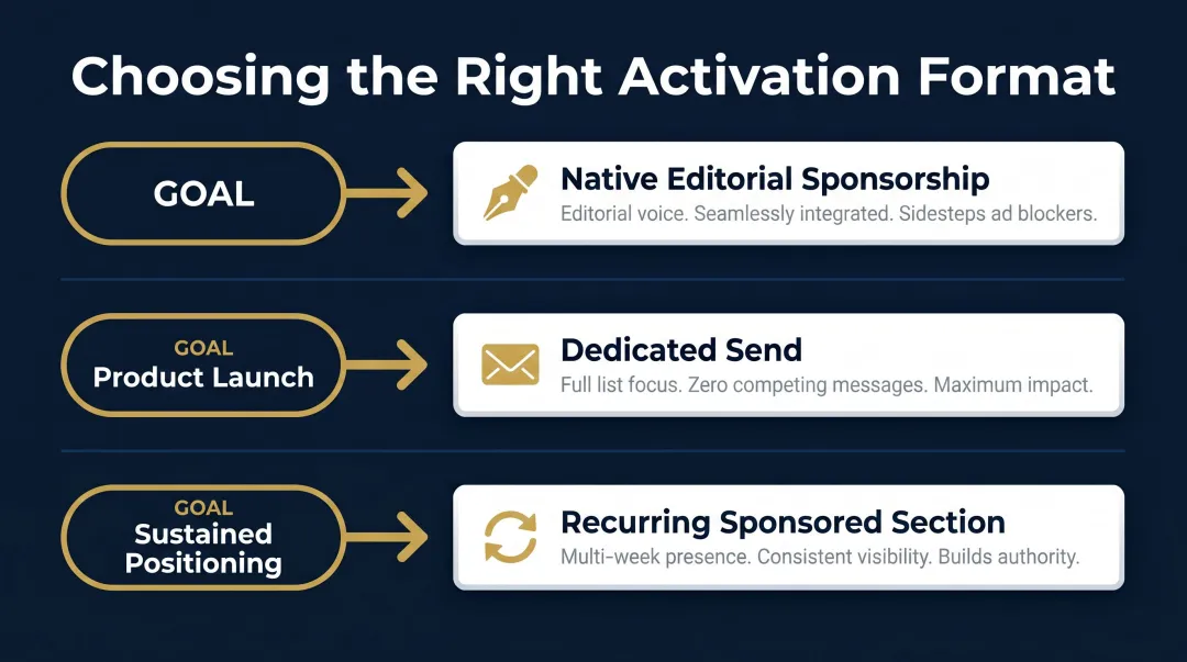 Luxury newsletter activation format selection guide process flow infographic