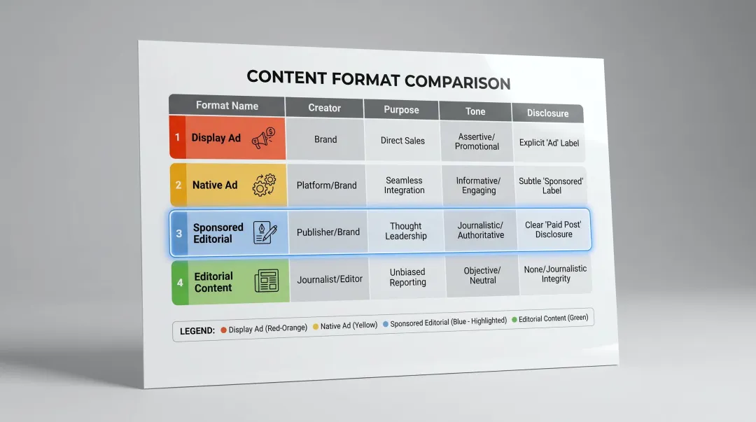 Four advertising format types comparison table spanning display to editorial content