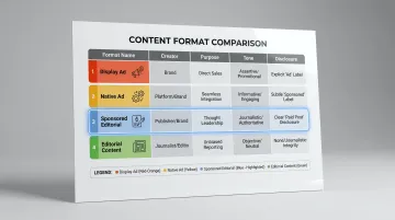 Four advertising format types comparison table spanning display to editorial content