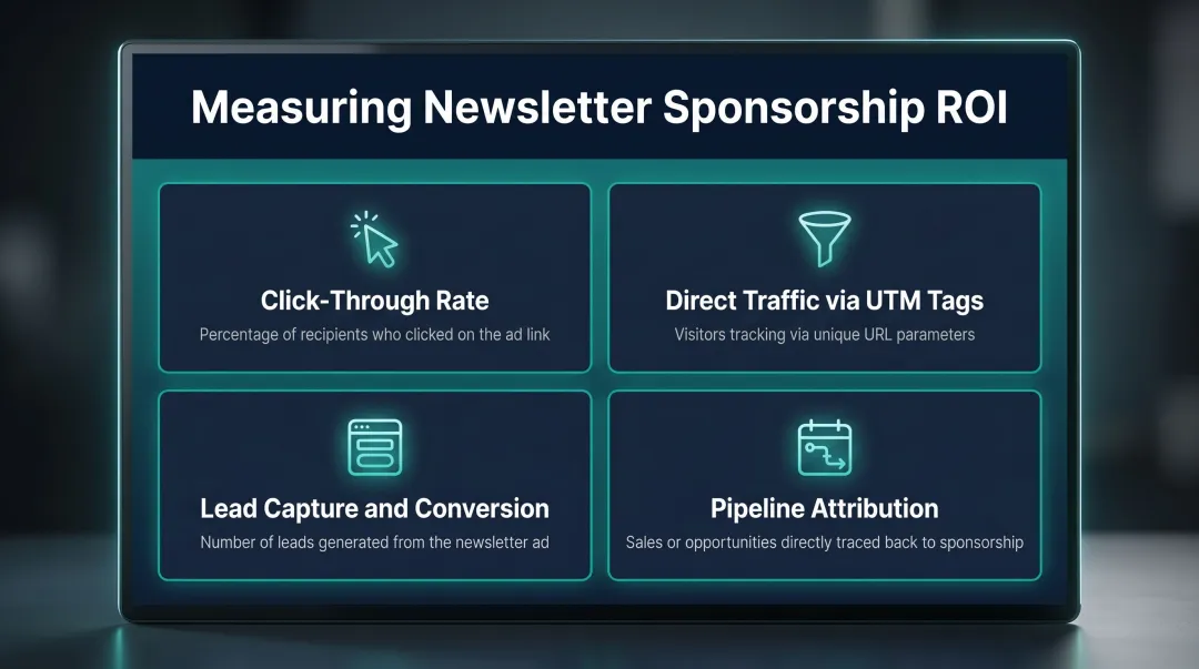 Newsletter sponsorship ROI metrics dashboard showing four key performance indicators