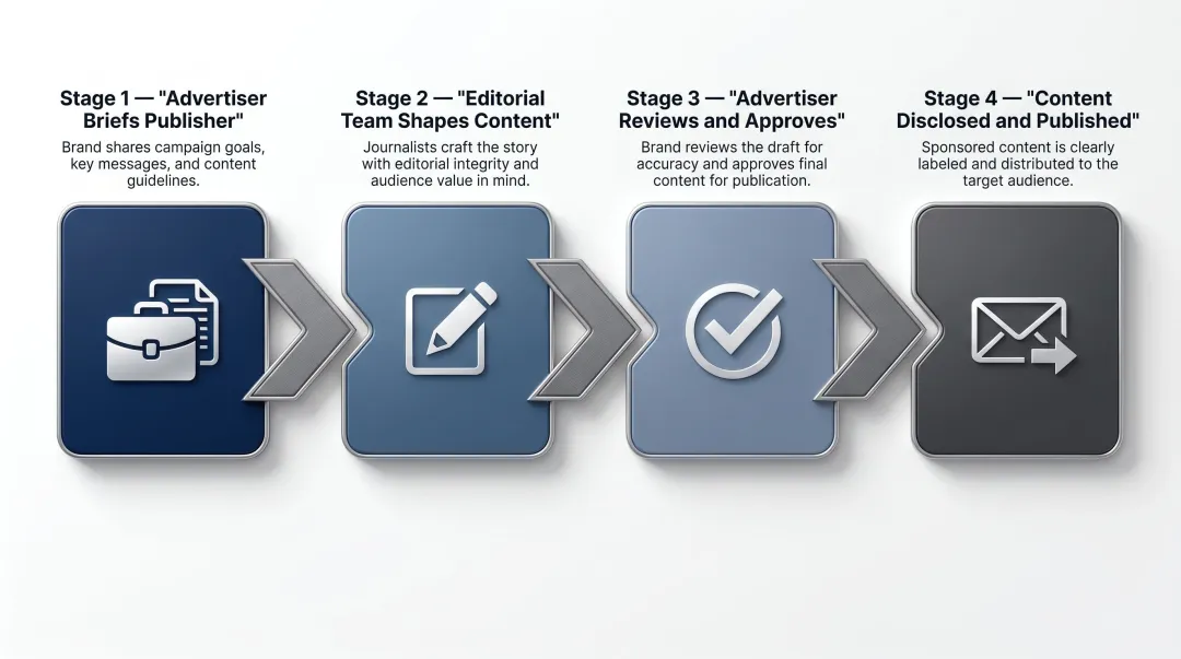 Four-step sponsored editorial production workflow from advertiser brief to publication