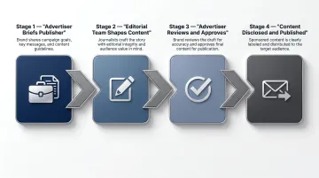 Four-step sponsored editorial production workflow from advertiser brief to publication