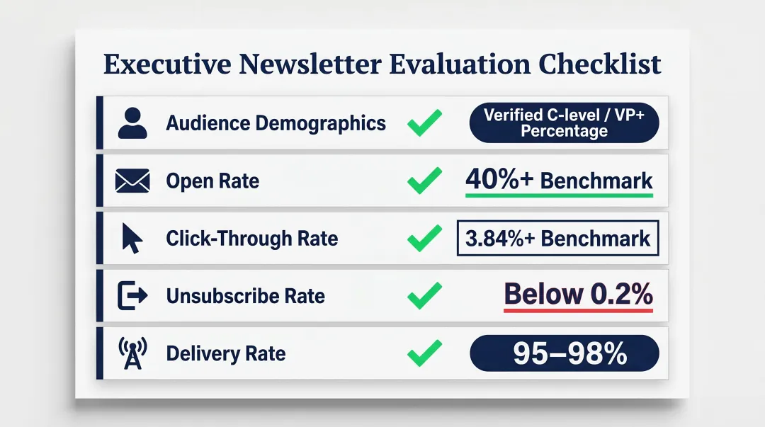 Executive newsletter vetting checklist with four key evaluation criteria and benchmarks