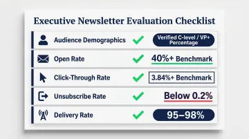Executive newsletter vetting checklist with four key evaluation criteria and benchmarks