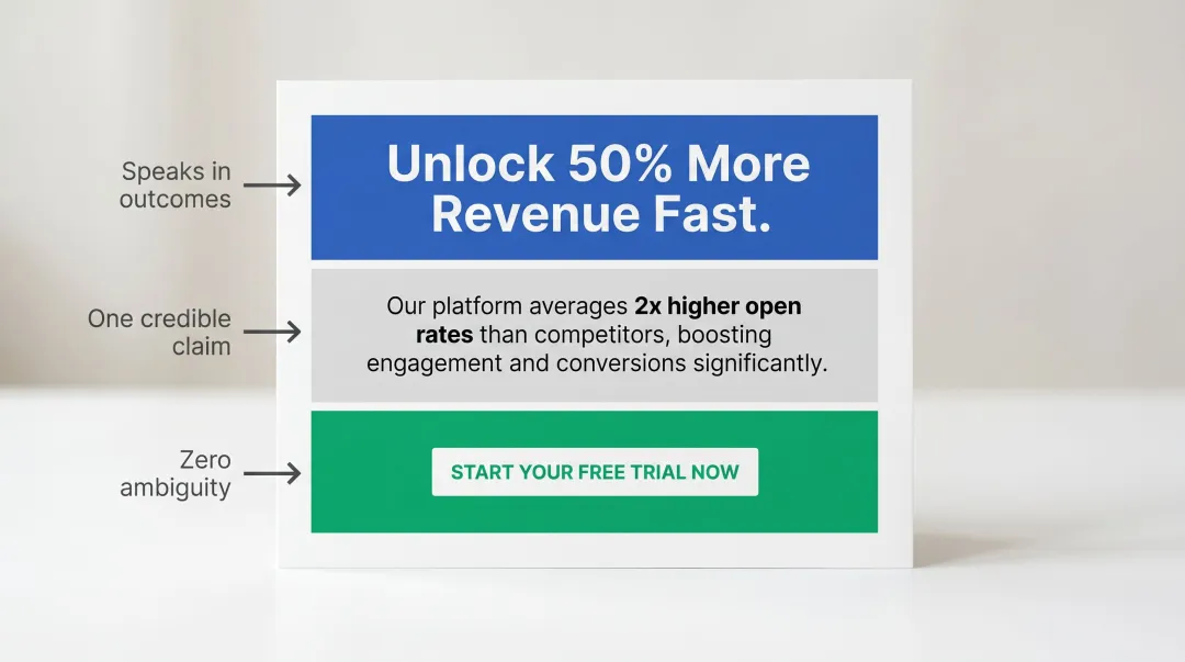 Outcome-first C-suite ad copy structure with headline body and CTA breakdown