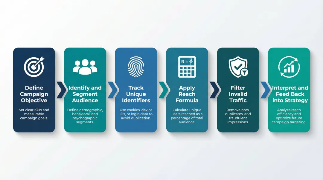 Six-step audience reach measurement process flow from objective to strategy
