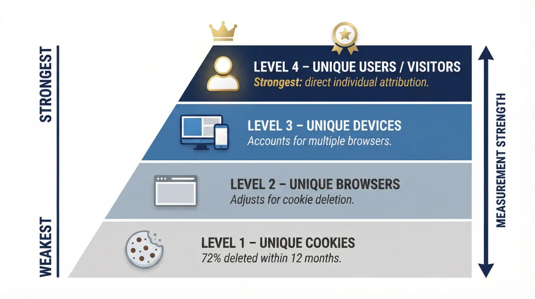 IAB four-level audience measurement hierarchy from cookies to unique users