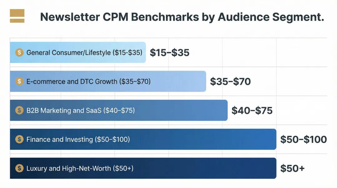 Email newsletter CPM benchmark ranges by audience segment comparison chart