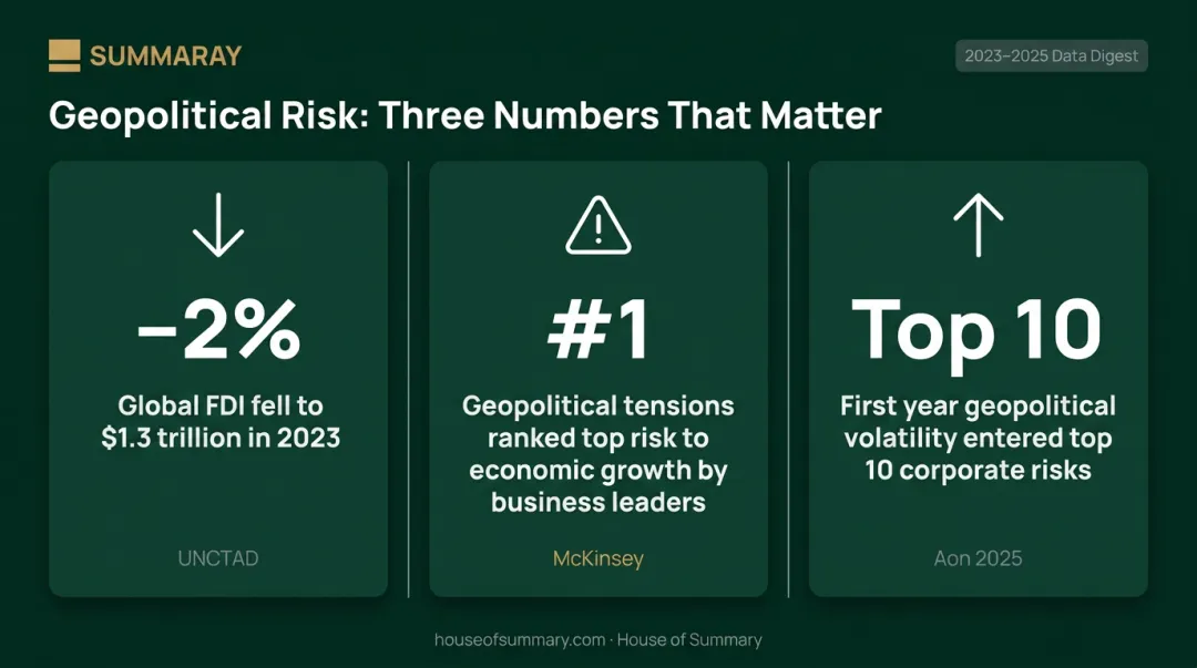 Geopolitical risk impact on global business investment FDI decline statistics infographic