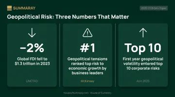 Geopolitical risk impact on global business investment FDI decline statistics infographic