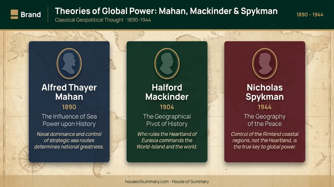 Three founding geopolitical thinkers Mahan Mackinder Spykman theories comparison chart