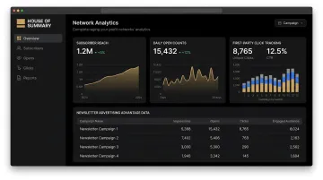 House of Summary newsletter network dashboard showing subscriber analytics and advertiser click data