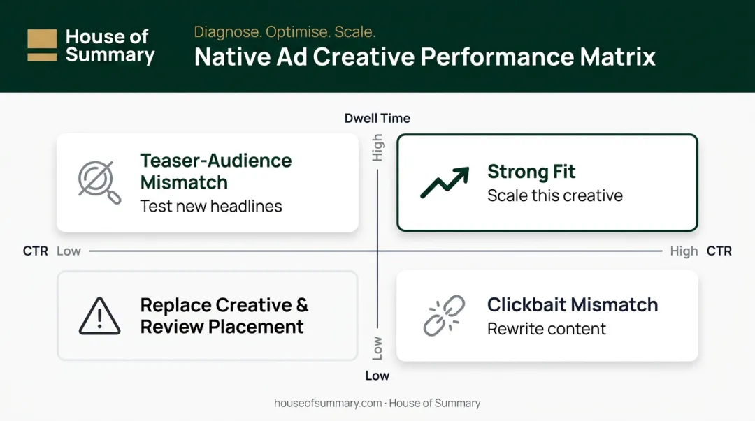 Native ad creative performance signal diagnosis matrix CTR dwell time optimization actions