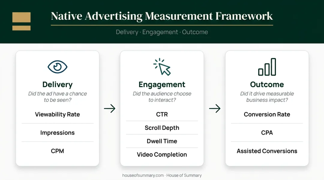 Three-tier native advertising measurement framework delivery engagement outcome metrics