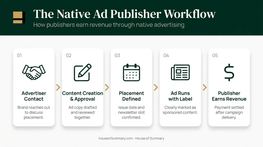 5-step native advertising workflow from advertiser brief to publisher revenue