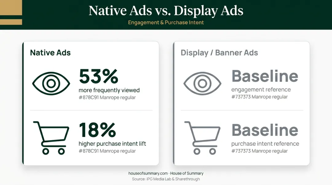 Native ads versus display ads engagement and purchase intent comparison infographic