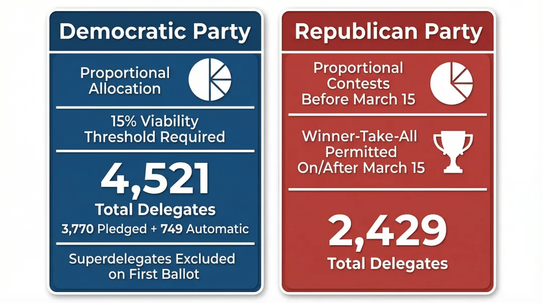 Democratic versus Republican delegate allocation rules side-by-side comparison infographic