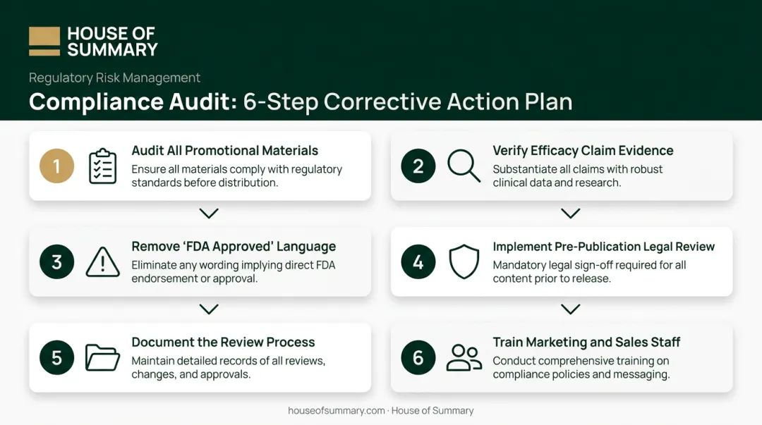 Six-step medical device advertising compliance audit checklist process flow infographic