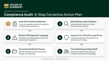 Six-step medical device advertising compliance audit checklist process flow infographic