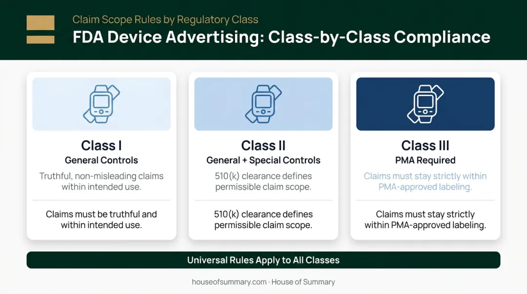Three-tier FDA medical device classification advertising compliance requirements comparison chart