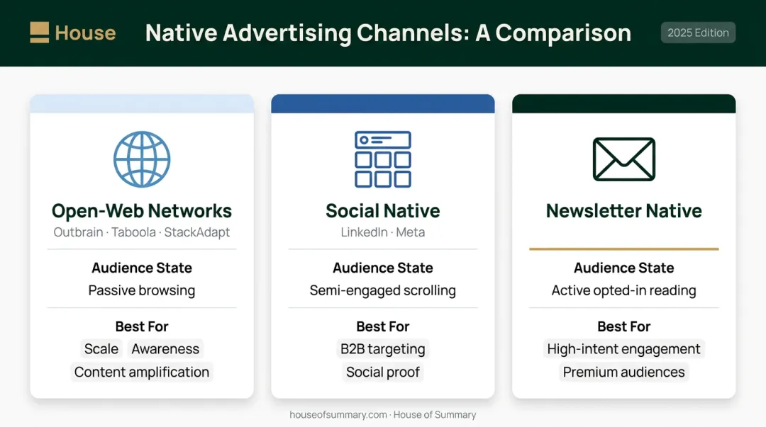 Native advertising channel comparison open-web social and newsletter placements side by side