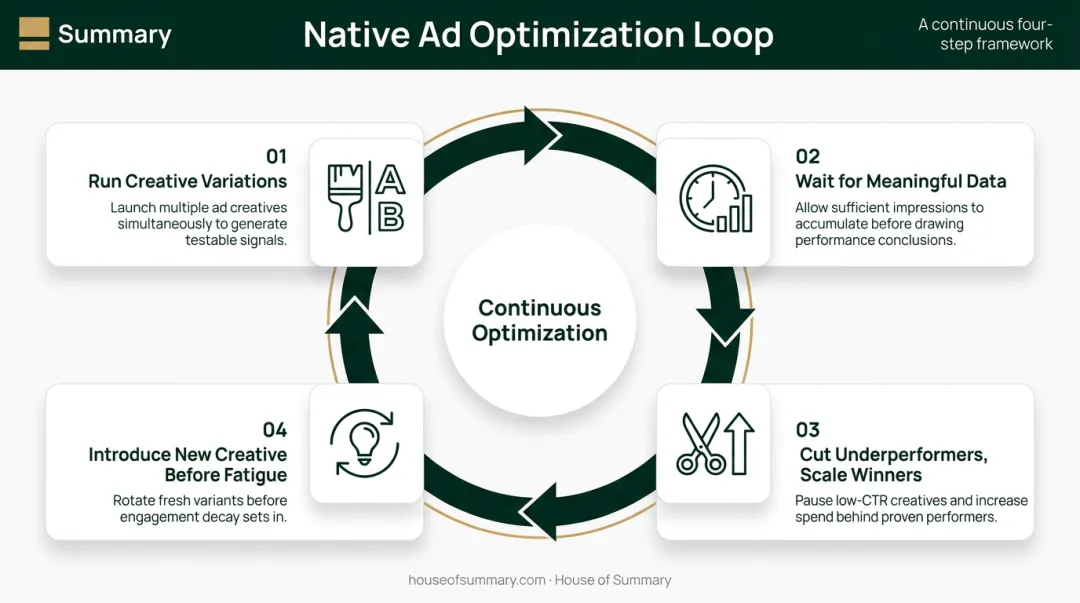 Four-step native advertising optimization loop from creative testing to budget reallocation