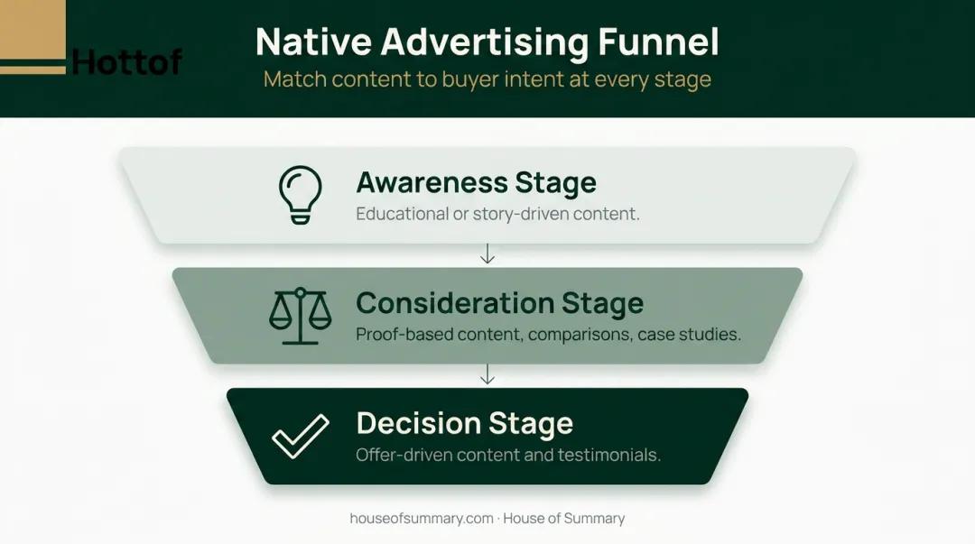 Three-stage native advertising funnel targeting awareness consideration decision breakdown