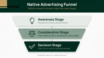 Three-stage native advertising funnel targeting awareness consideration decision breakdown