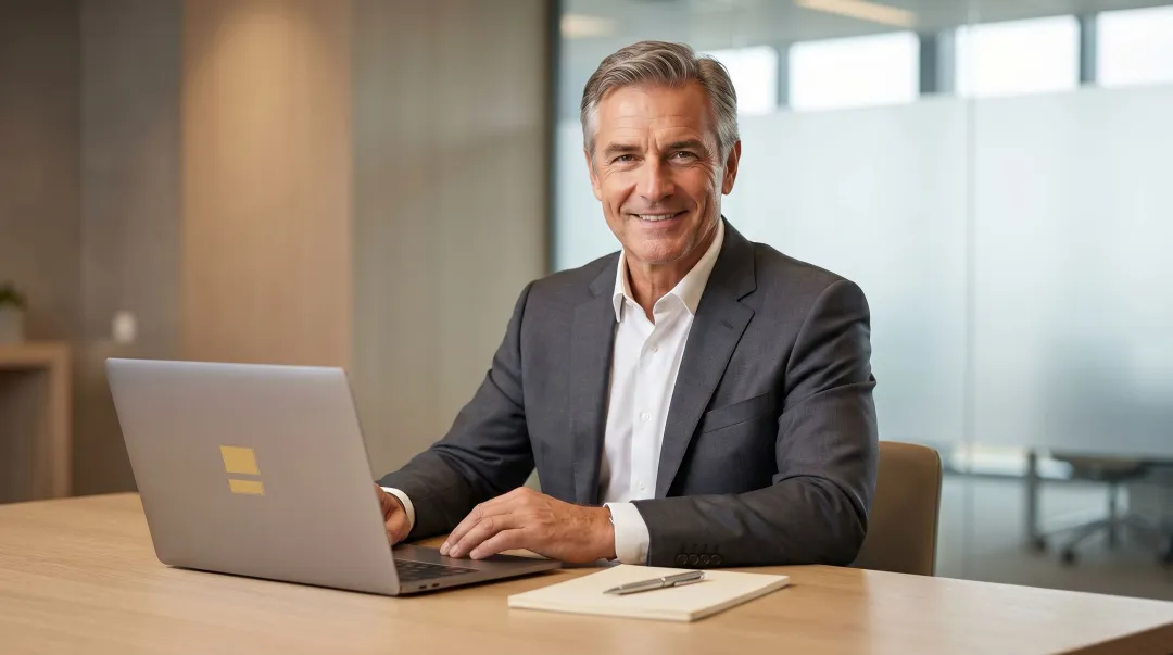 Executive professional reading newsletter on laptop with focused undivided attention