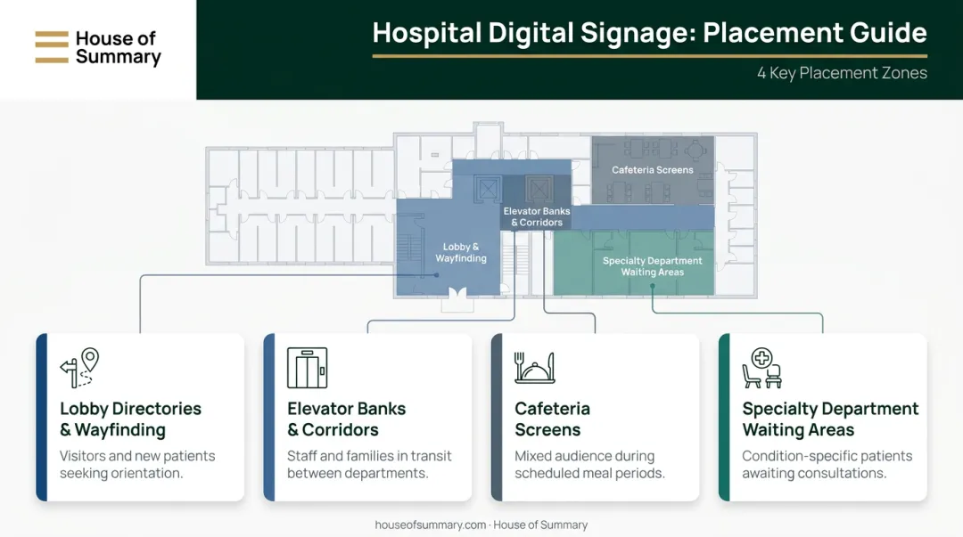 Healthcare digital signage ad placement locations across hospital environment diagram